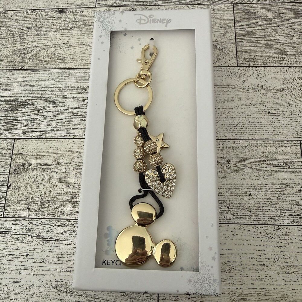 Disney Mickey Heart Star Key Ring Bag Charm Gold Tone Black Rhinestone New